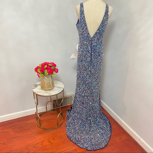 # Mac Duggal Navy / Blue Sleeveless Sequin Embellished Sheath Gown W/ High Slit - Picture 11 of 15
